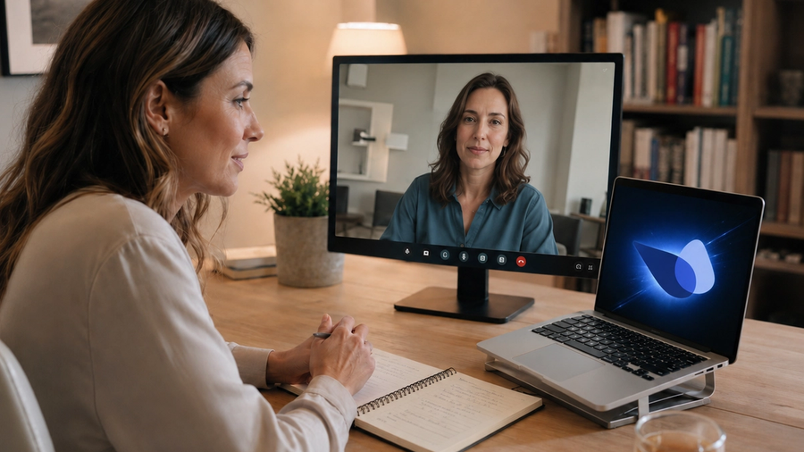 Psicóloga en sesión online utilizando herramientas de inteligencia artificial para el seguimiento de pacientes