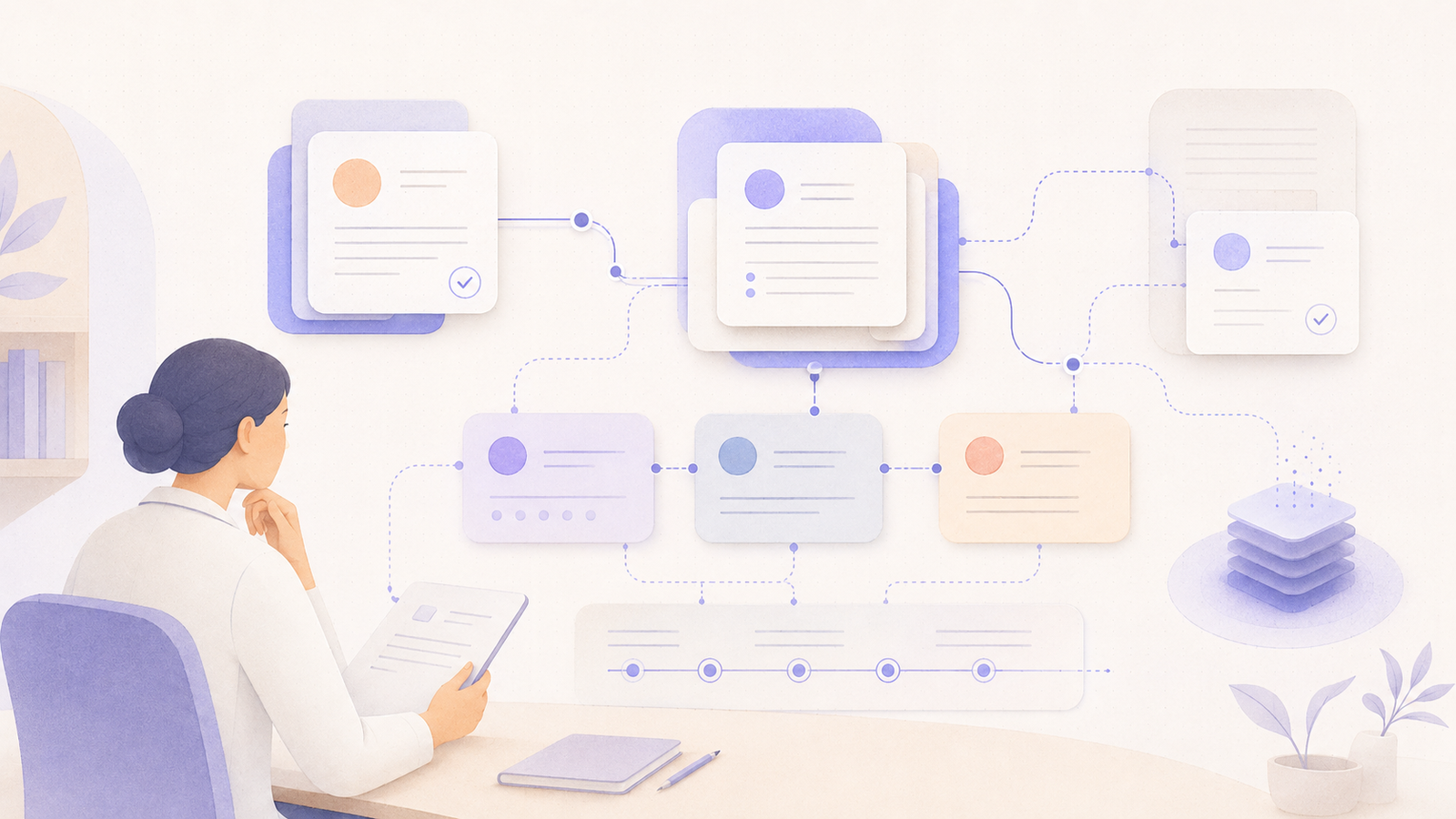 Ilustración abstracta de una clínica de psicología evaluando criterios de seguridad, trazabilidad y privacidad antes de implementar inteligencia artificial