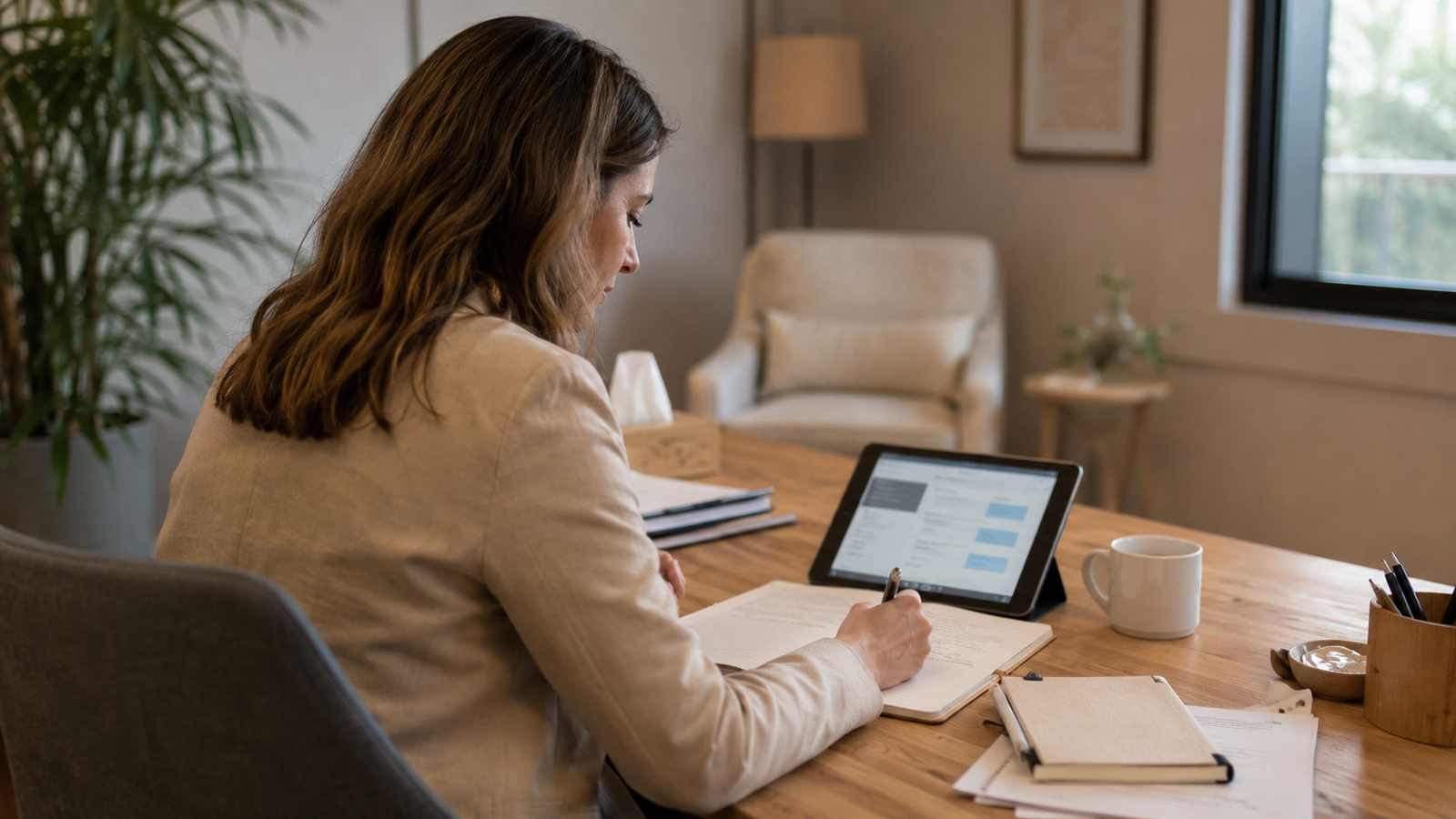 Psicóloga preparando una sesión en consulta con notas clínicas y tablet, ejemplo de copiloto clínico con IA para profesionales de salud mental.