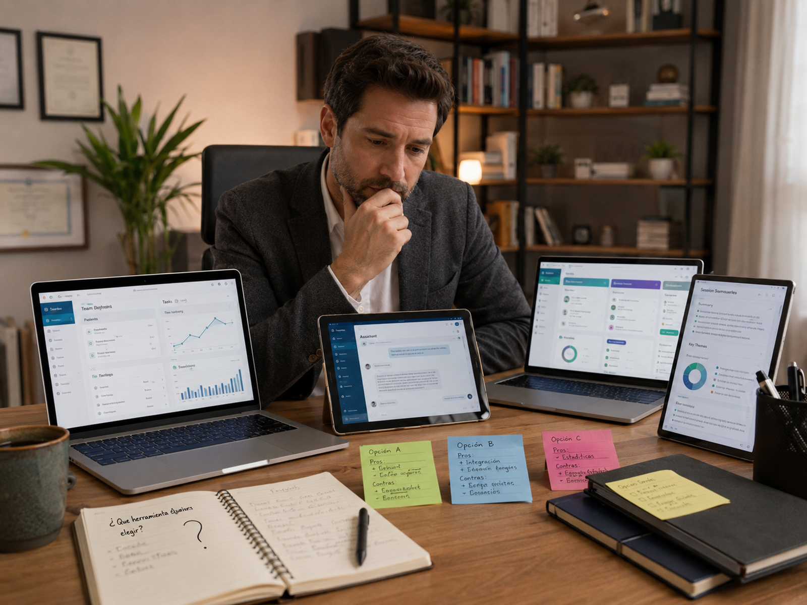 Psicólogo clínico evaluando herramientas de inteligencia artificial para su consulta profesional