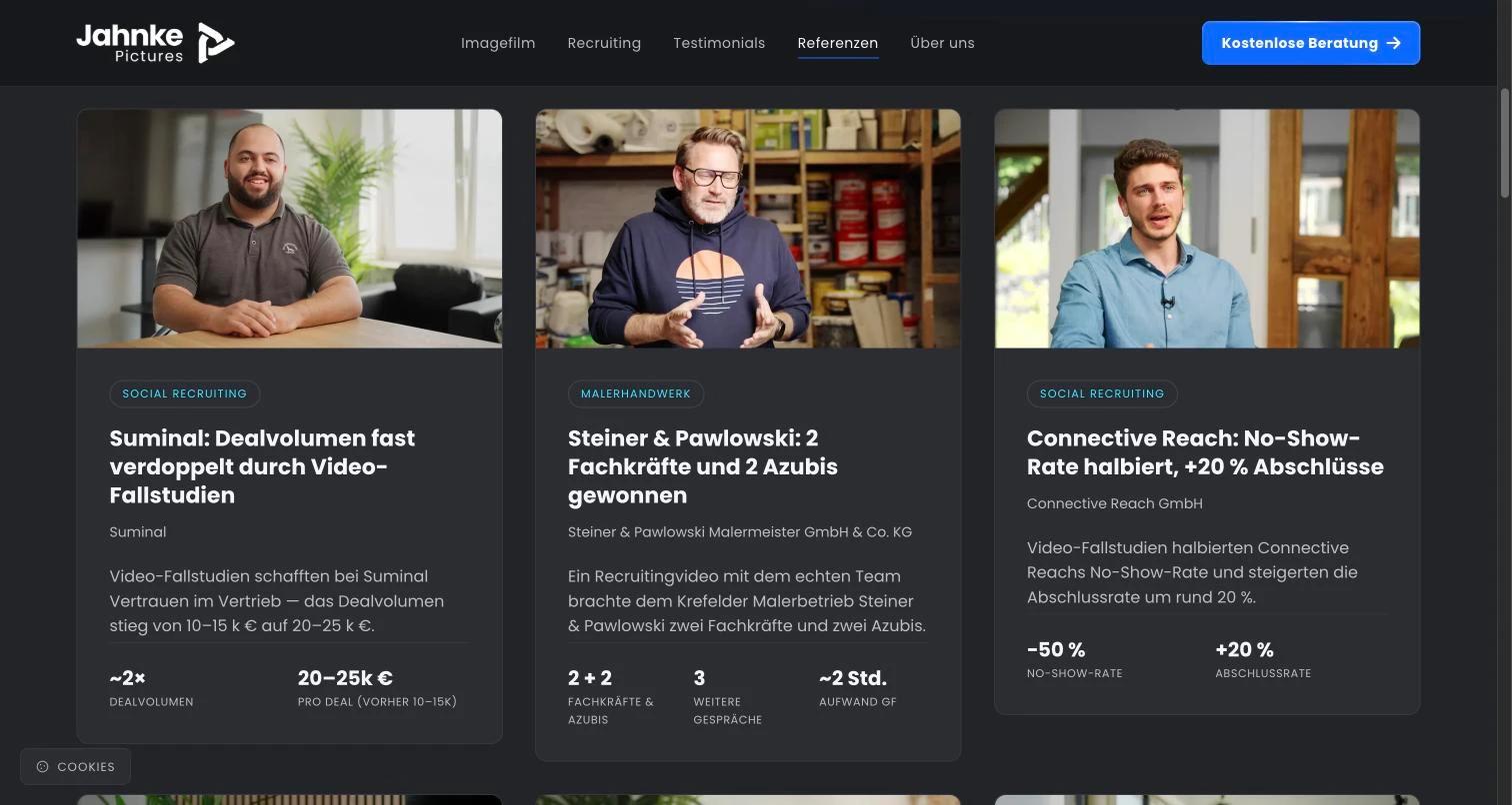Jahnke Pictures Website: Referenzen mit Kundenstimmen und Kennzahlen wie Dealvolumen und Abschlussrate