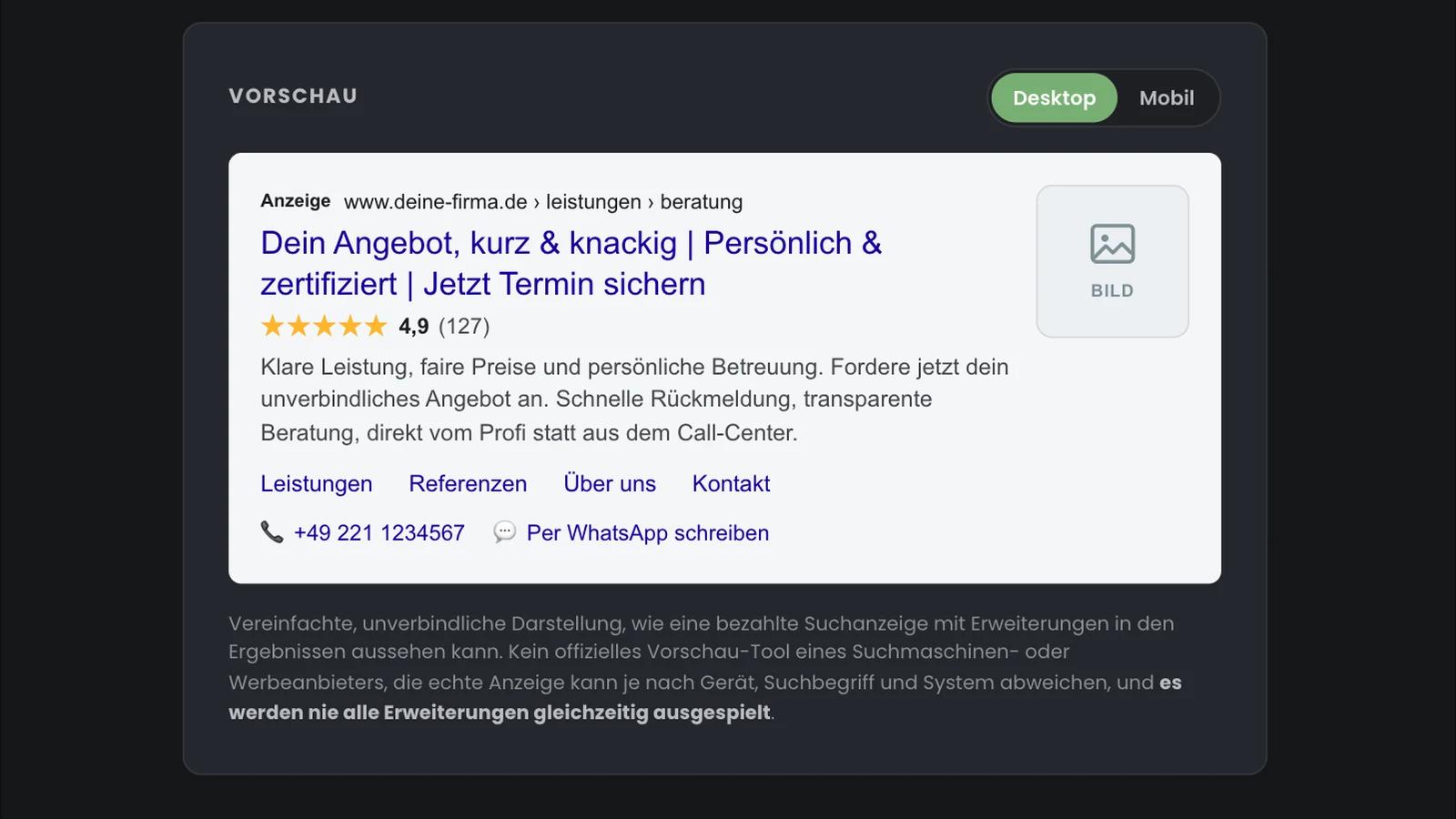 Vorschau einer Google-Ads-Suchanzeige mit Sitelinks, Bewertungssternen, Anruf- und Nachrichten-Erweiterung