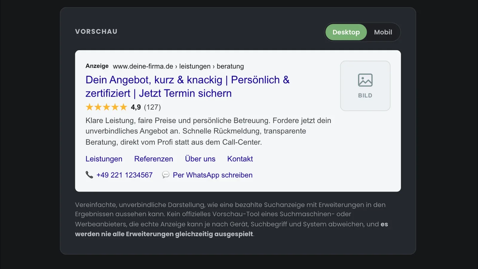 Vorschau einer Google-Ads-Suchanzeige mit Sitelinks, Bewertungssternen, Anruf- und Nachrichten-Erweiterung