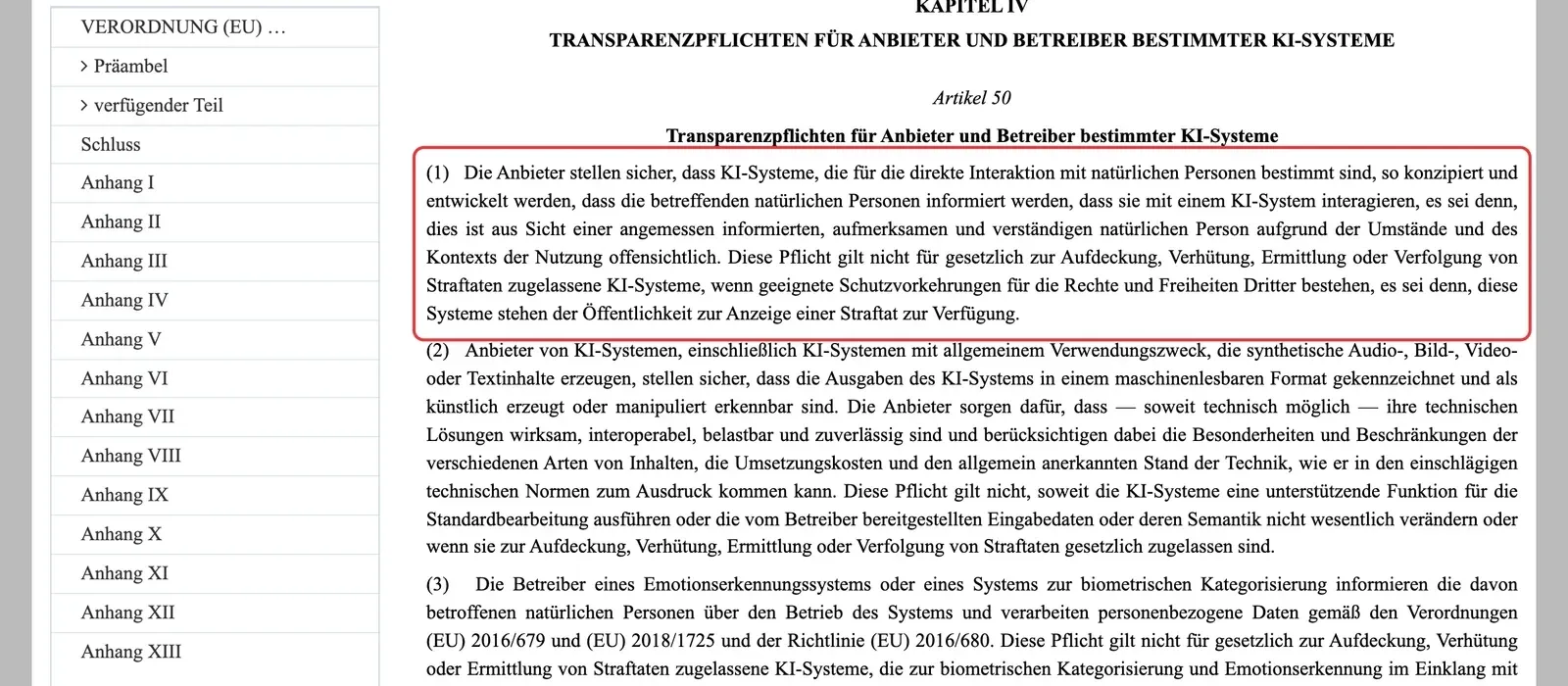 Artikel 50 der EU-Verordnung über künstliche Intelligenz mit markiertem Absatz 1 zur Information über die Interaktion mit einem KI-System