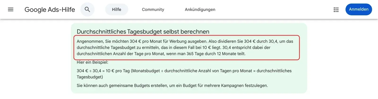 Google Ads-Hilfe, Kasten Durchschnittliches Tagesbudget selbst berechnen: das Beispiel 304 Euro geteilt durch 30,4 gleich 10 Euro pro Tag ist rot umrahmt