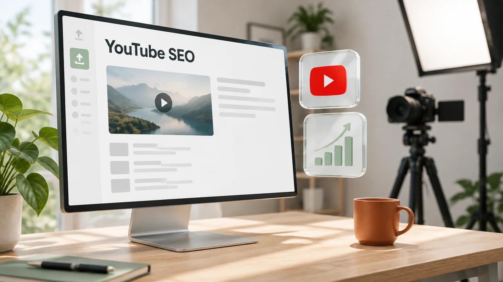 Monitor auf einem hellen Holztisch in einem kleinen Videostudio mit den Worten YouTube SEO, daneben Glaskarten mit YouTube-Logo und Balkendiagramm, im Hintergrund eine Kamera auf dem Stativ