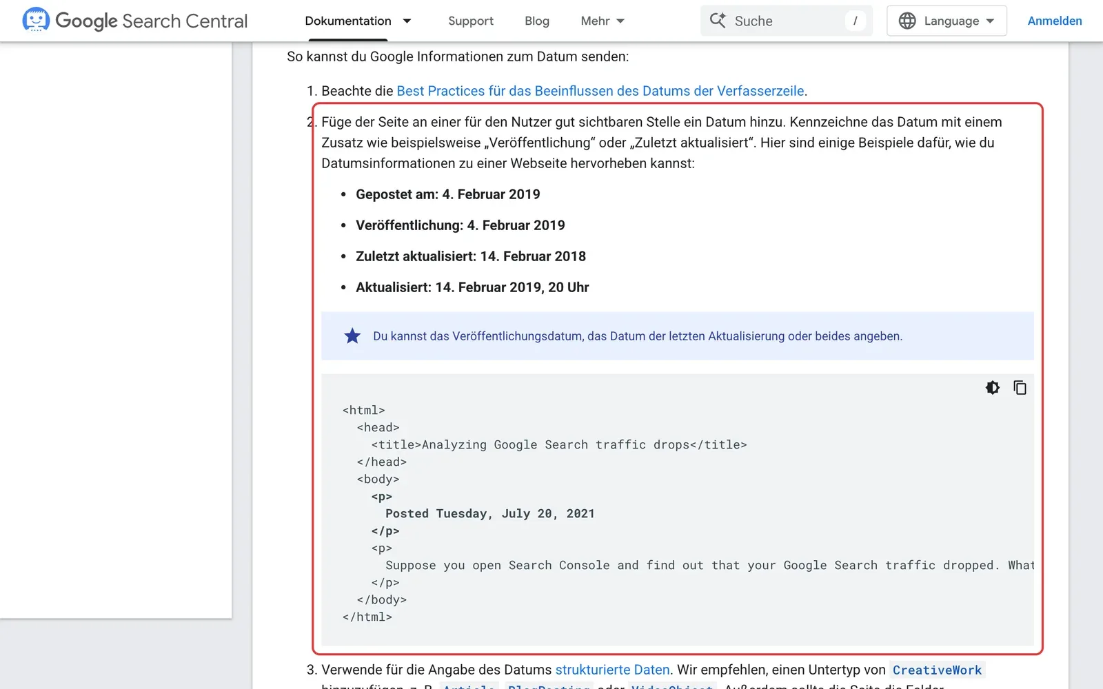 Google Search Central, Seite zum Veröffentlichungsdatum: die Empfehlung, ein gut sichtbares Datum mit dem Zusatz Veröffentlichung oder Zuletzt aktualisiert anzugeben, ist rot umrahmt