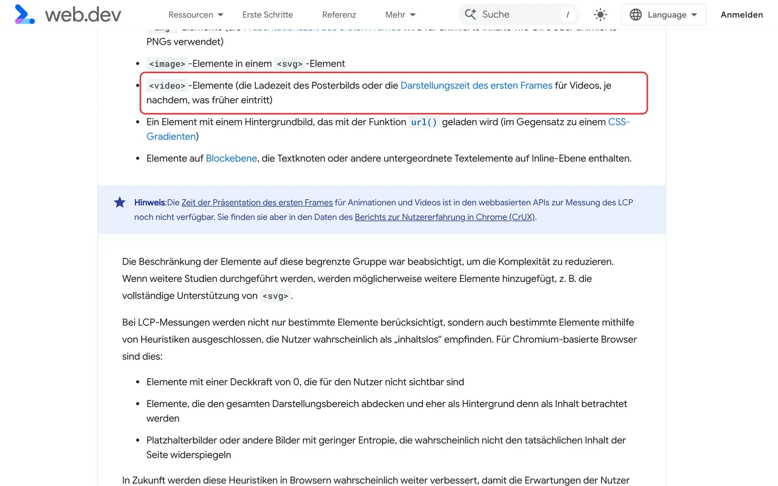 Google-Dokumentation auf web.dev zum Largest Contentful Paint, der Listenpunkt zu video-Elementen mit Posterbild und erstem Frame ist rot umrahmt