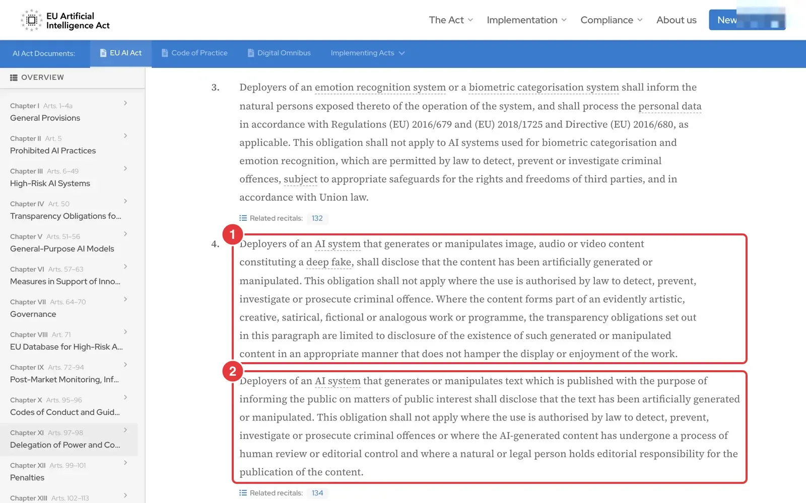 Artikel 50 des AI Act mit markierten Absätzen zur Offenlegung von Deepfakes und von KI-Texten