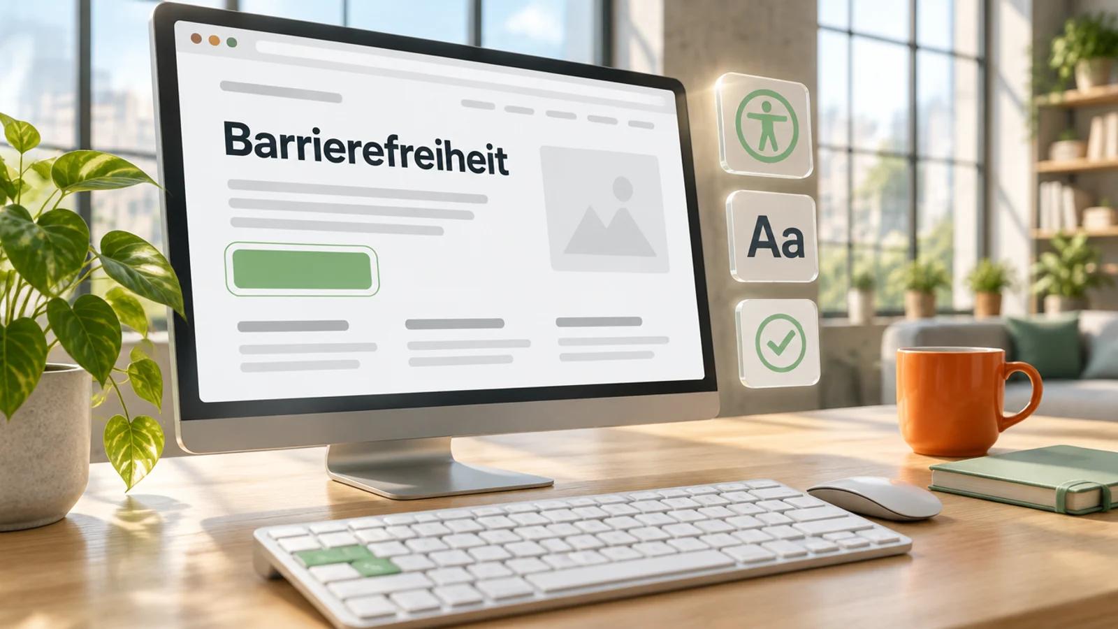 Monitor in einem hellen Büro zeigt eine kontrastreiche Website mit dem Wort Barrierefreiheit, davor eine weiße Tastatur