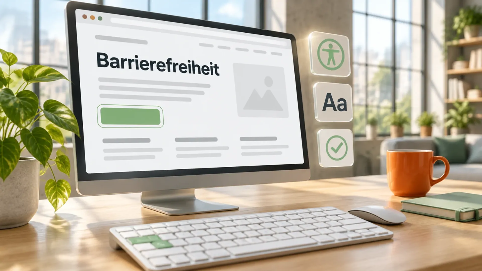 Monitor in einem hellen Büro zeigt eine kontrastreiche Website mit dem Wort Barrierefreiheit, davor eine weiße Tastatur