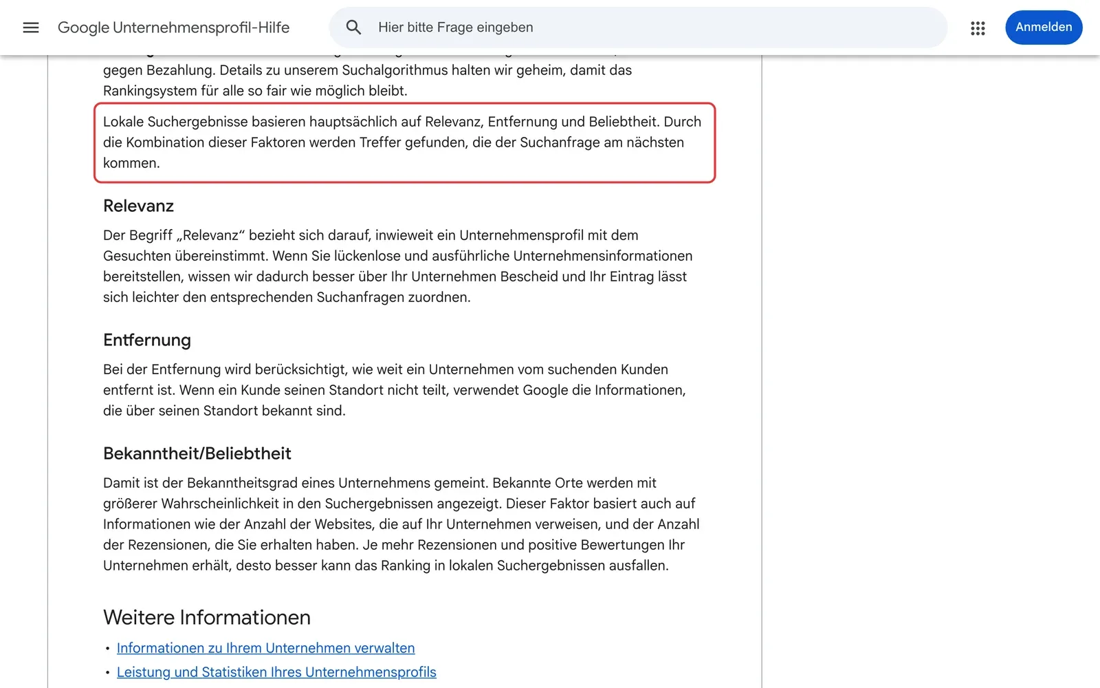 Google-Unternehmensprofil-Hilfe: der Absatz, dass lokale Suchergebnisse hauptsächlich auf Relevanz, Entfernung und Beliebtheit basieren, ist rot umrahmt