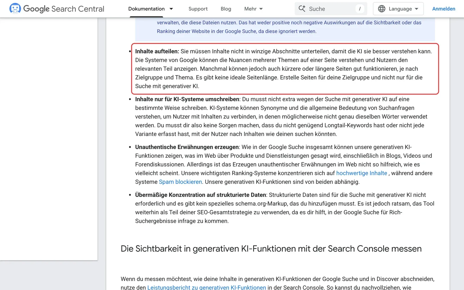 Google Search Central, Leitfaden zur Suche mit generativer KI: der Absatz Inhalte aufteilen mit dem Satz Es gibt keine ideale Seitenlänge ist rot umrahmt