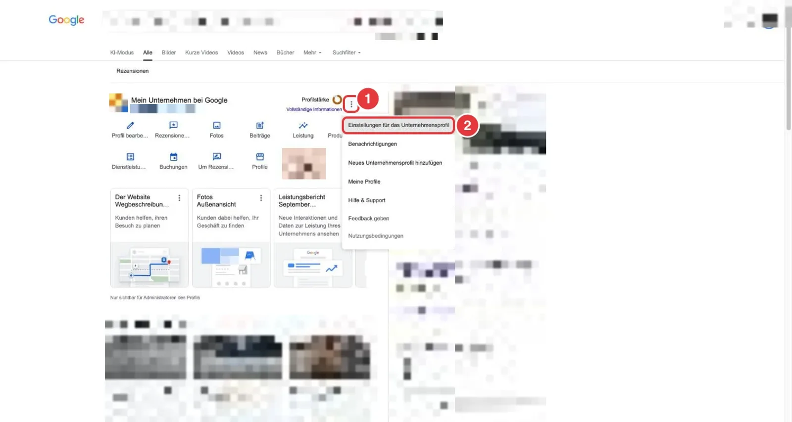 Verwaltungsbereich des Google-Unternehmensprofils in der Suche mit geöffnetem Menü und markiertem Punkt Einstellungen für das Unternehmensprofil