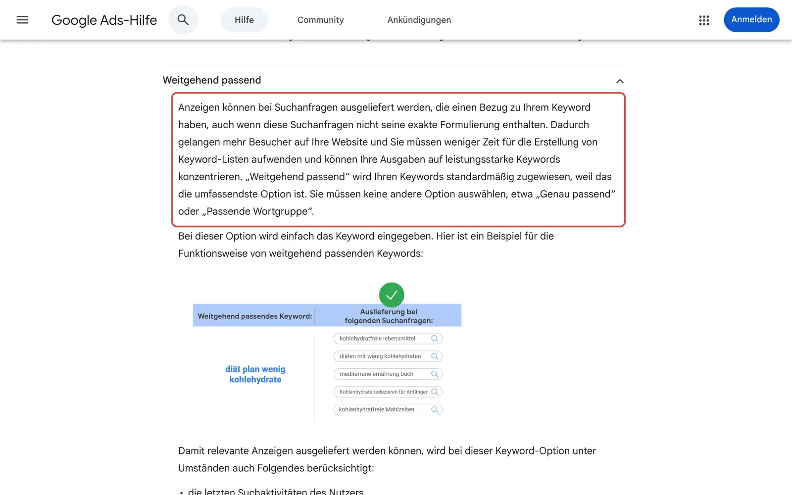 Google Ads-Hilfe zu Keyword-Optionen, der Absatz zu weitgehend passend mit dem Satz, dass diese Option Keywords standardmäßig zugewiesen wird, ist rot umrahmt