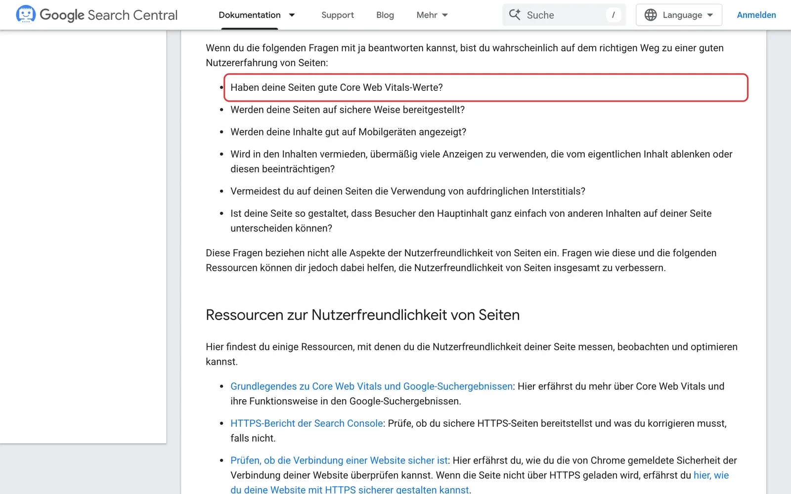 Google-Dokumentation zur Nutzerfreundlichkeit von Seiten mit markierter Frage nach guten Core Web Vitals