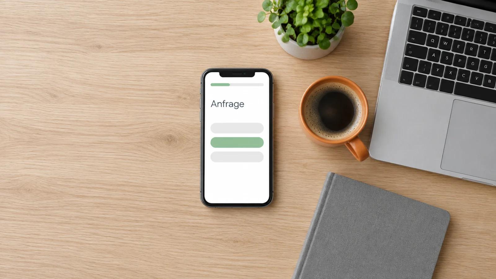 Smartphone mit einem Anfrage-Formular und Fortschrittsbalken auf einem hellen Holztisch neben Laptop, Kaffeetasse und Pflanze