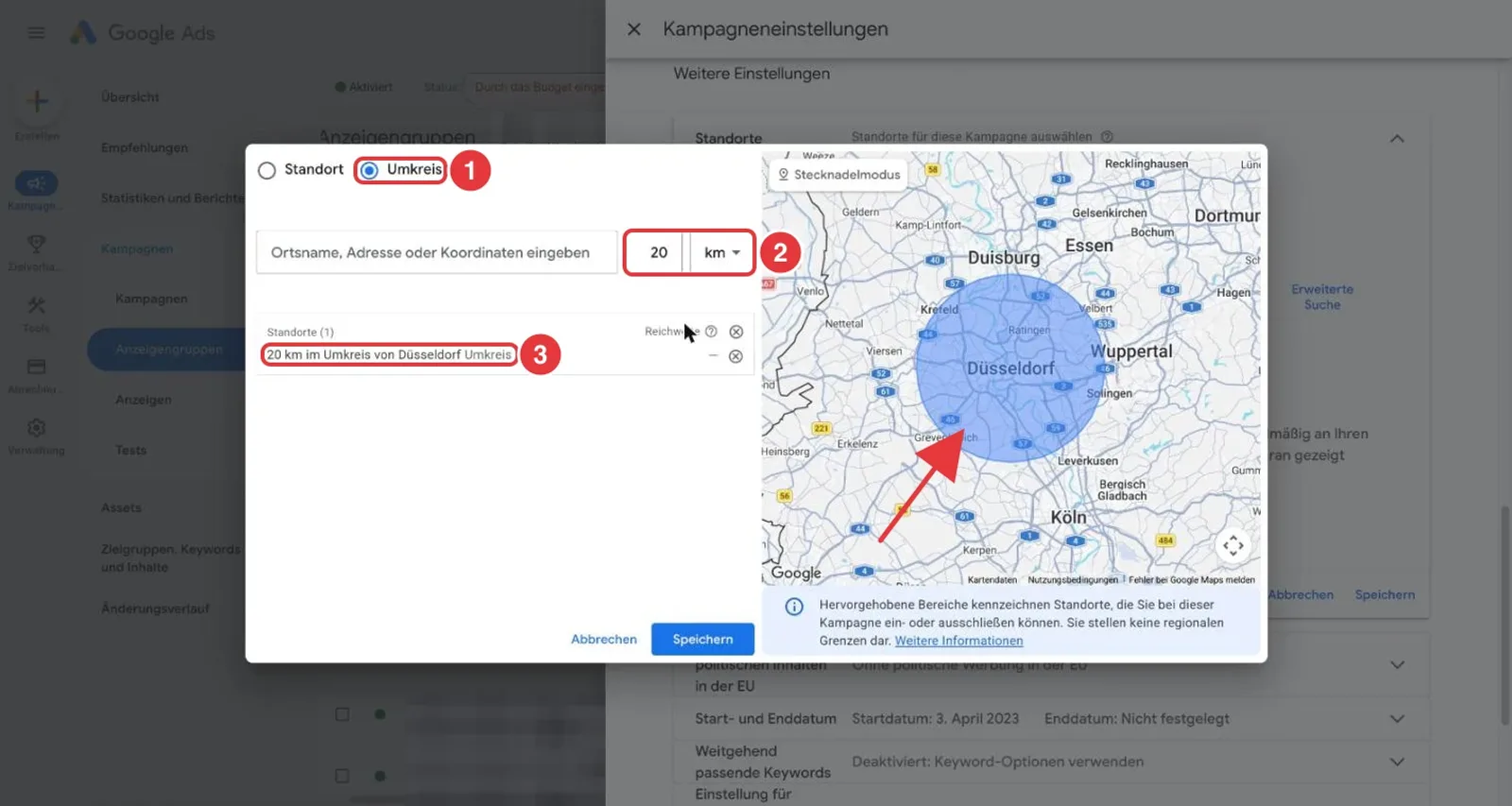 Google Ads erweiterte Standortsuche: die Option Umkreis, das Feld 20 km und der Eintrag 20 km im Umkreis von Düsseldorf sind rot markiert, auf der Karte ist der Kreis zu sehen