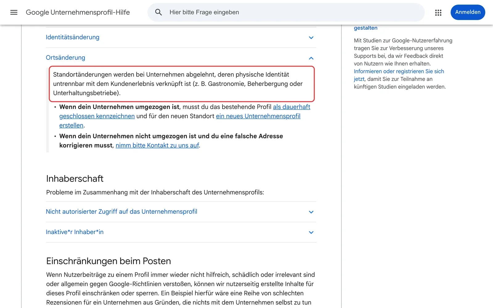 Richtlinien für Google Unternehmensprofil, Abschnitt Ortsänderung: der Satz, dass Standortänderungen bei Gastronomie, Beherbergung und Unterhaltungsbetrieben abgelehnt werden, ist rot umrahmt