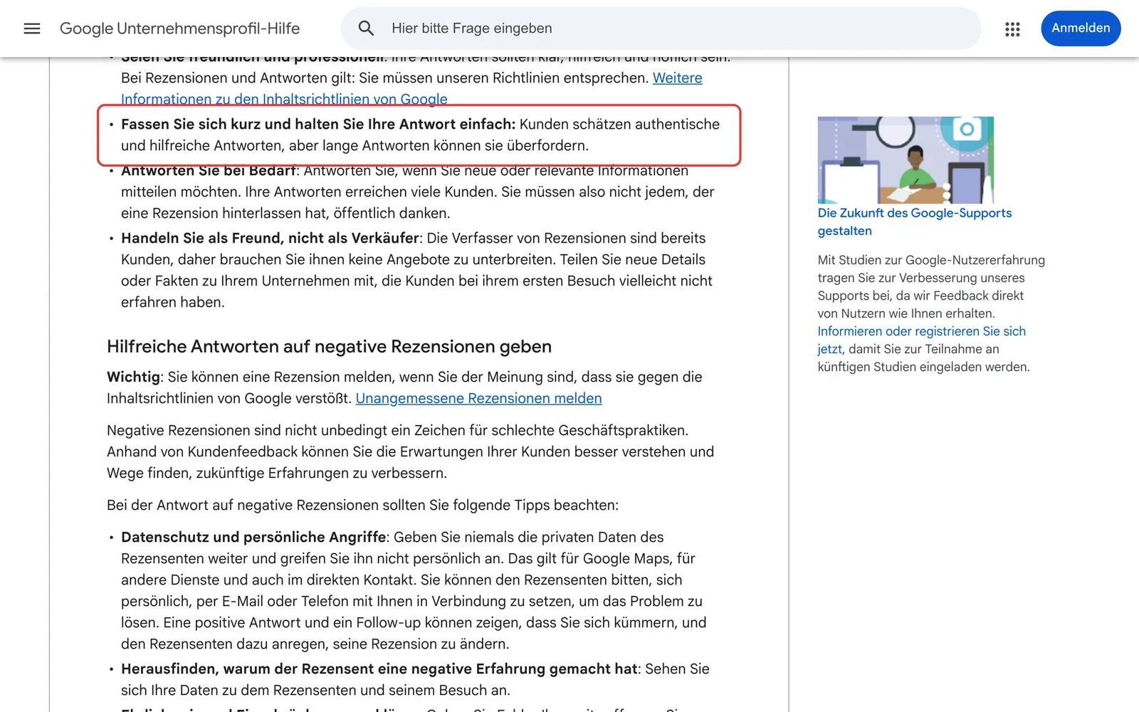 Google-Unternehmensprofil-Hilfe mit Tipps zum Antworten auf Rezensionen, der Tipp sich kurz zu fassen ist rot umrahmt, darunter Tipps für negative Rezensionen