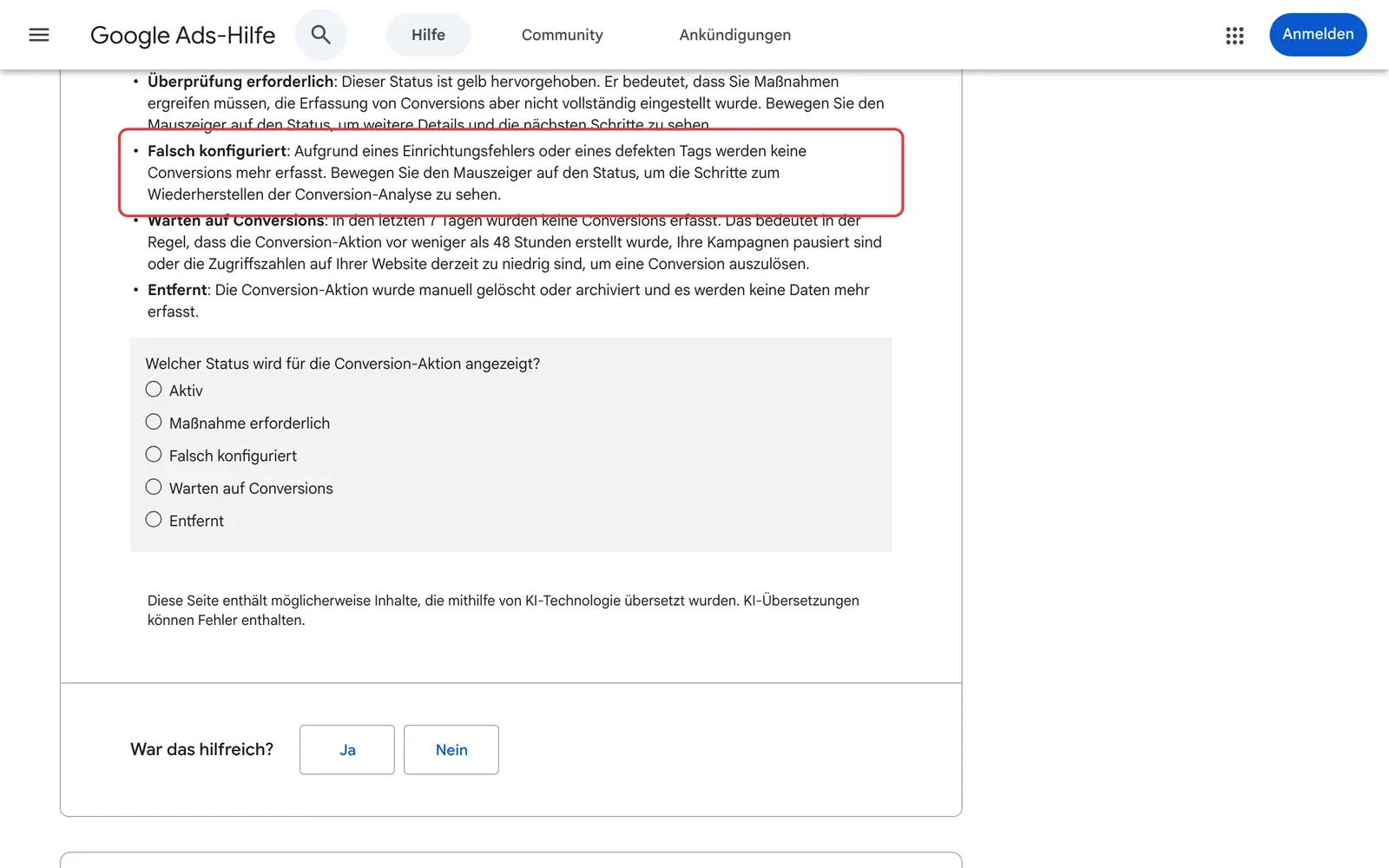Google Ads-Hilfe zu Conversion-Status: der Status Falsch konfiguriert ist rot umrahmt, darunter Warten auf Conversions und Entfernt