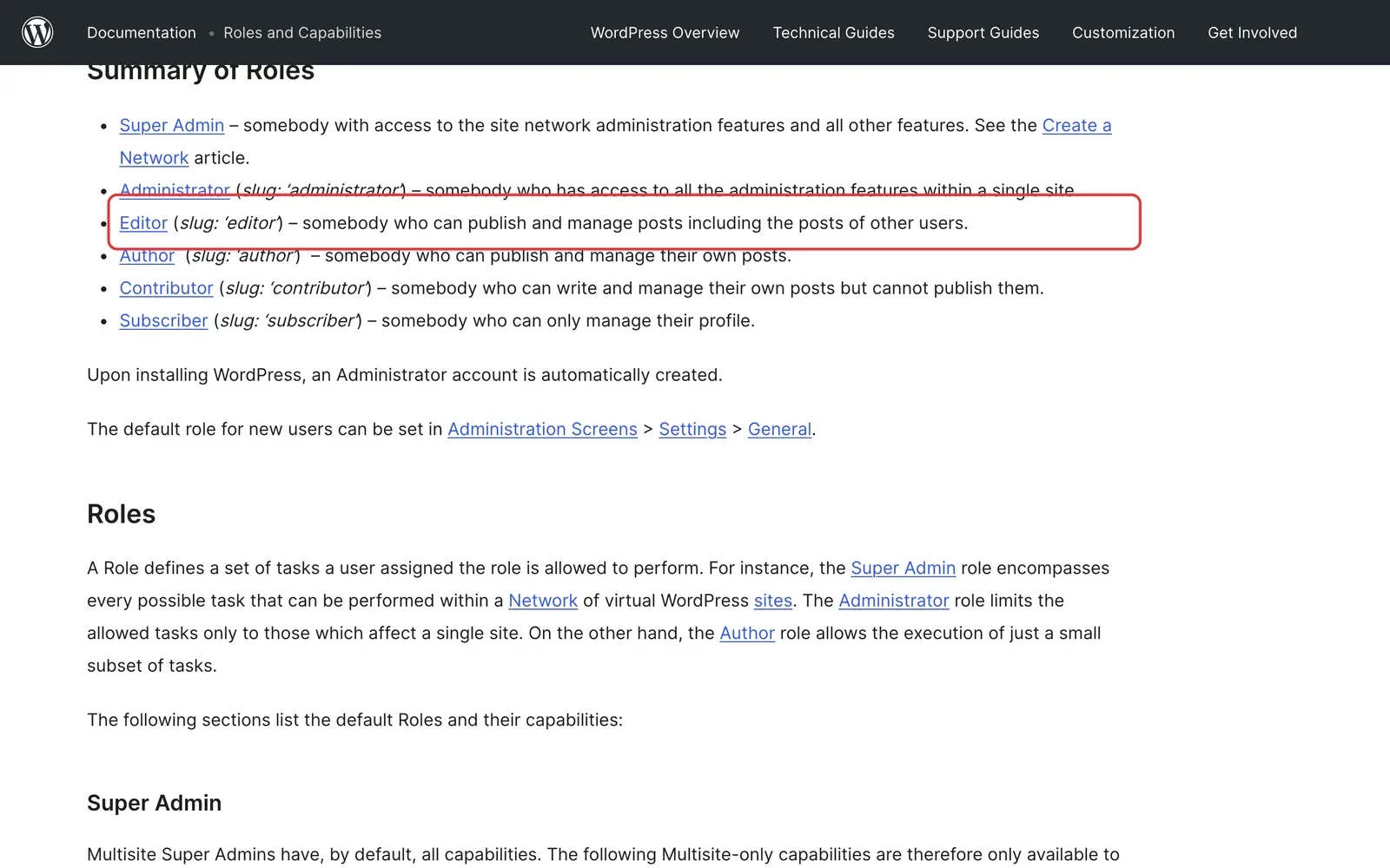 WordPress-Dokumentation zu Benutzerrollen: Die Beschreibung der Rolle Redakteur, die Beiträge auch anderer Nutzer veröffentlichen und verwalten darf, ist rot umrahmt