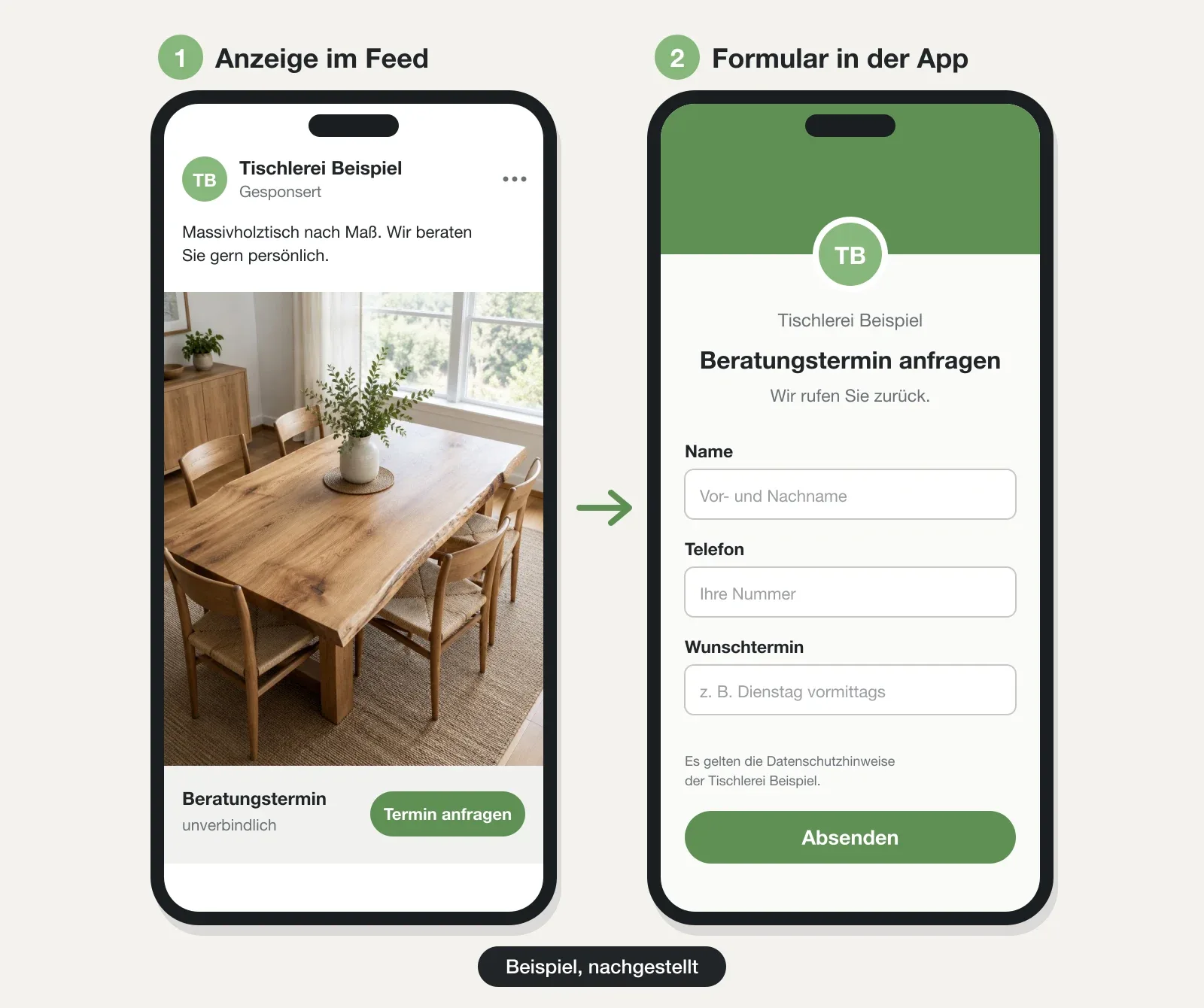 Beispiel einer Lead-Anzeige für eine Tischlerei mit Massivholztisch und dem geöffneten Instant-Formular mit Name, Telefon und Wunschtermin