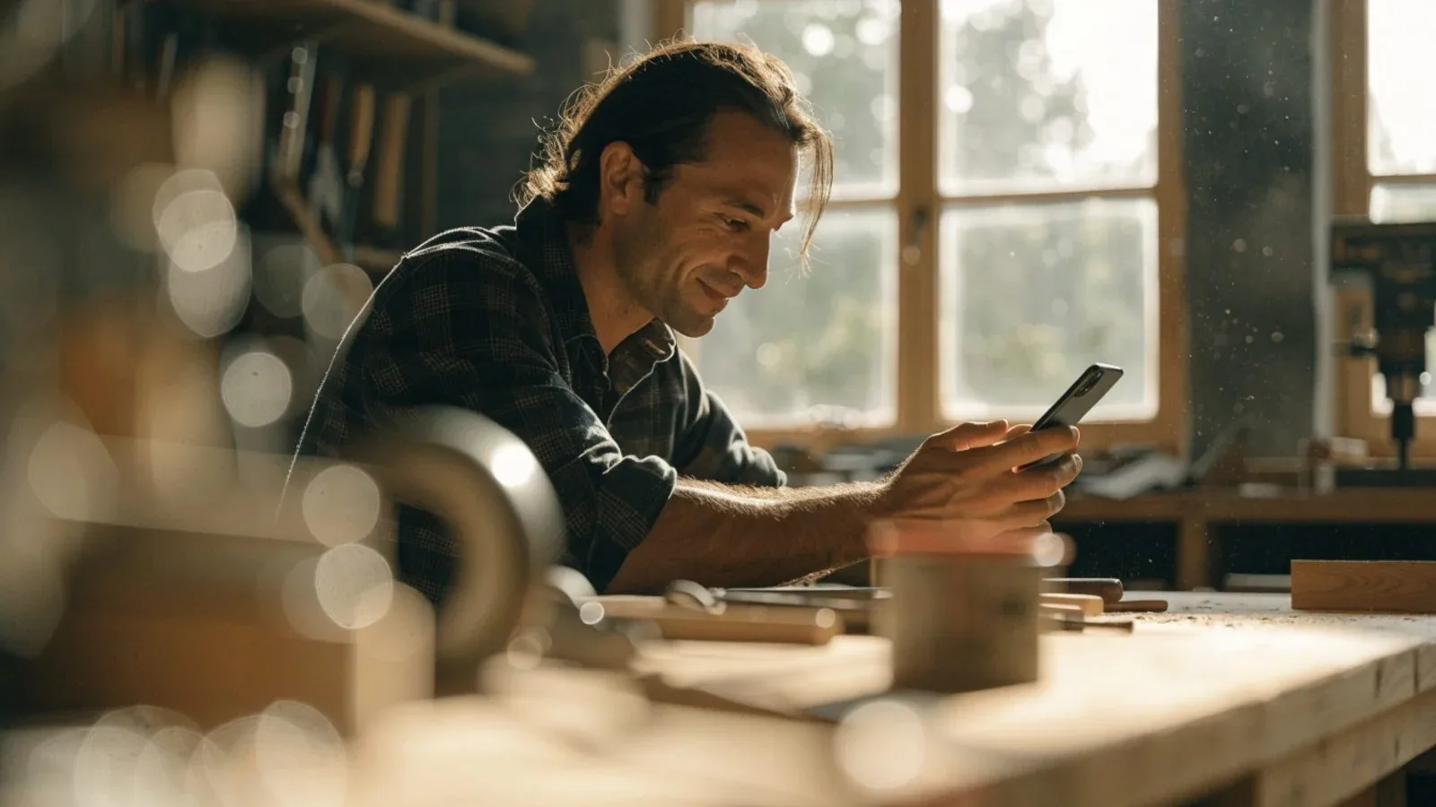 Handwerker in seiner Werkstatt schaut zufrieden auf sein Smartphone