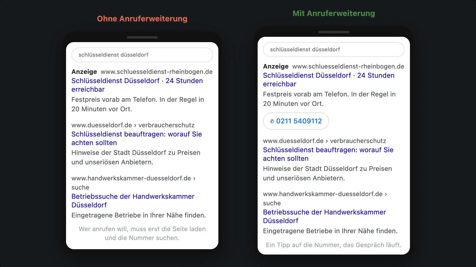 Zwei Handys mit derselben Google-Anzeige, links ohne und rechts mit Anruferweiterung unter der Anzeige