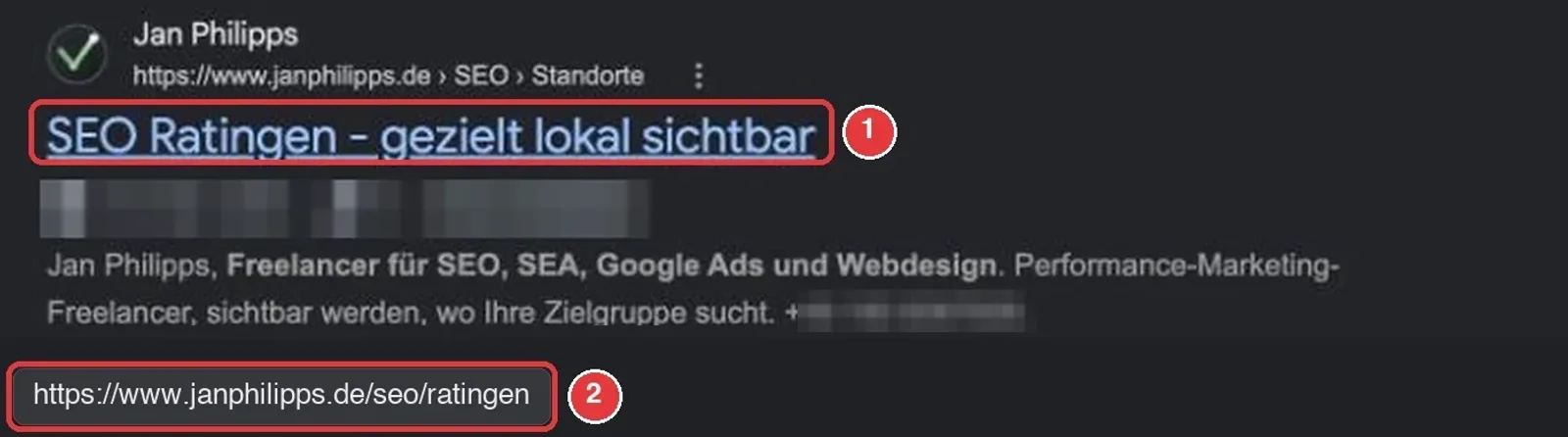 Google-Suchergebnis SEO Ratingen von janphilipps.de, unten links die direkte Adresse janphilipps.de/seo/ratingen
