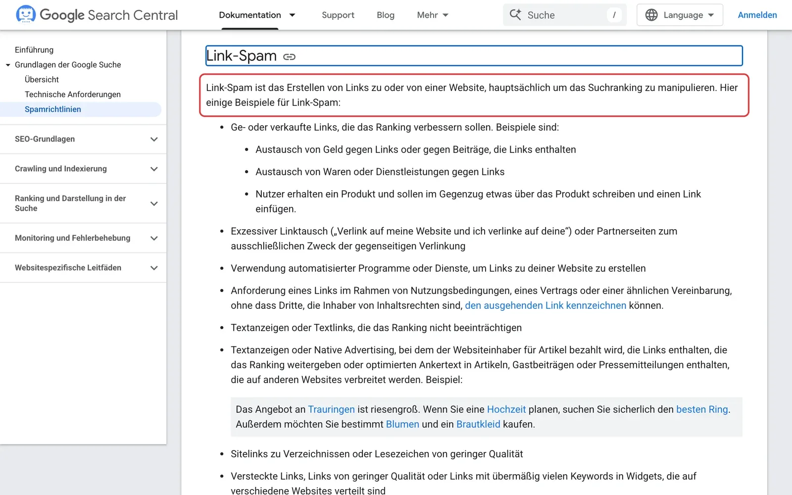 Google-Spamrichtlinien mit der Definition von Link-Spam und einer Liste von Beispielen