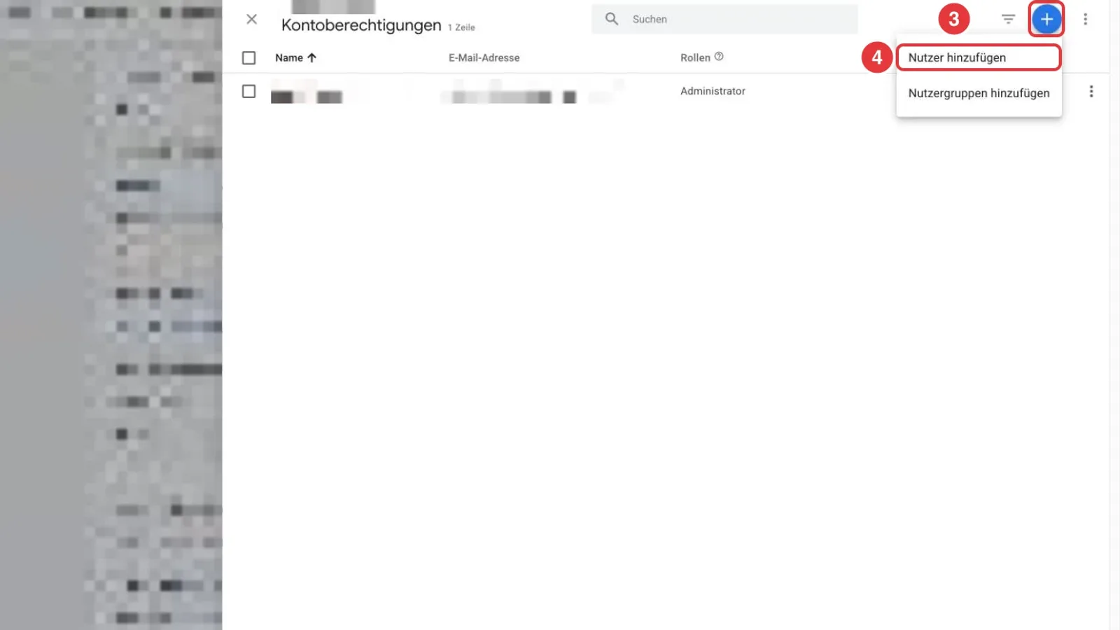 Kontoberechtigungen im Google Tag Manager mit markiertem Plus und Menüpunkt Nutzer hinzufügen