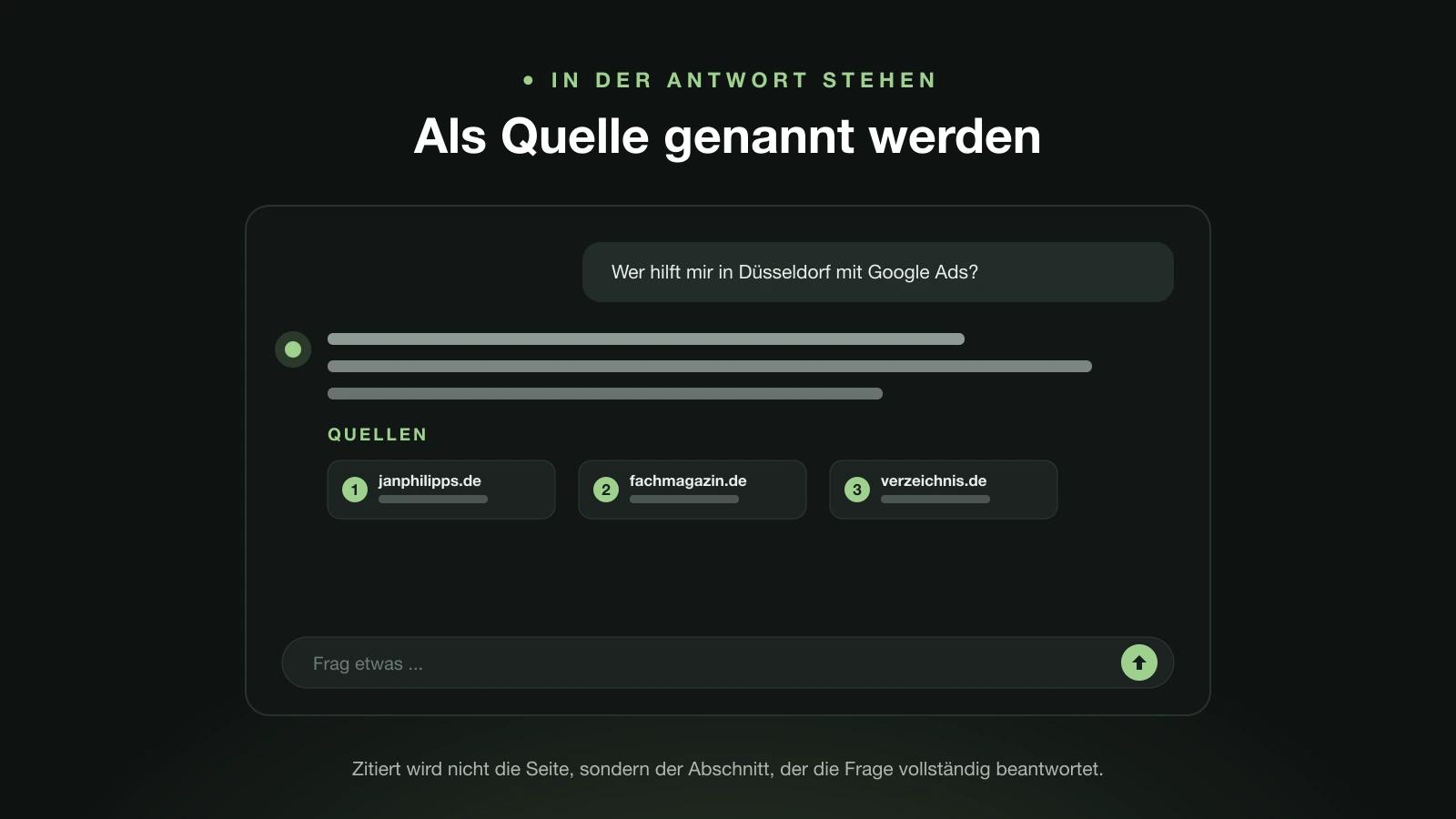 Chatfenster mit einer KI-Antwort und drei nummerierten Quellen darunter