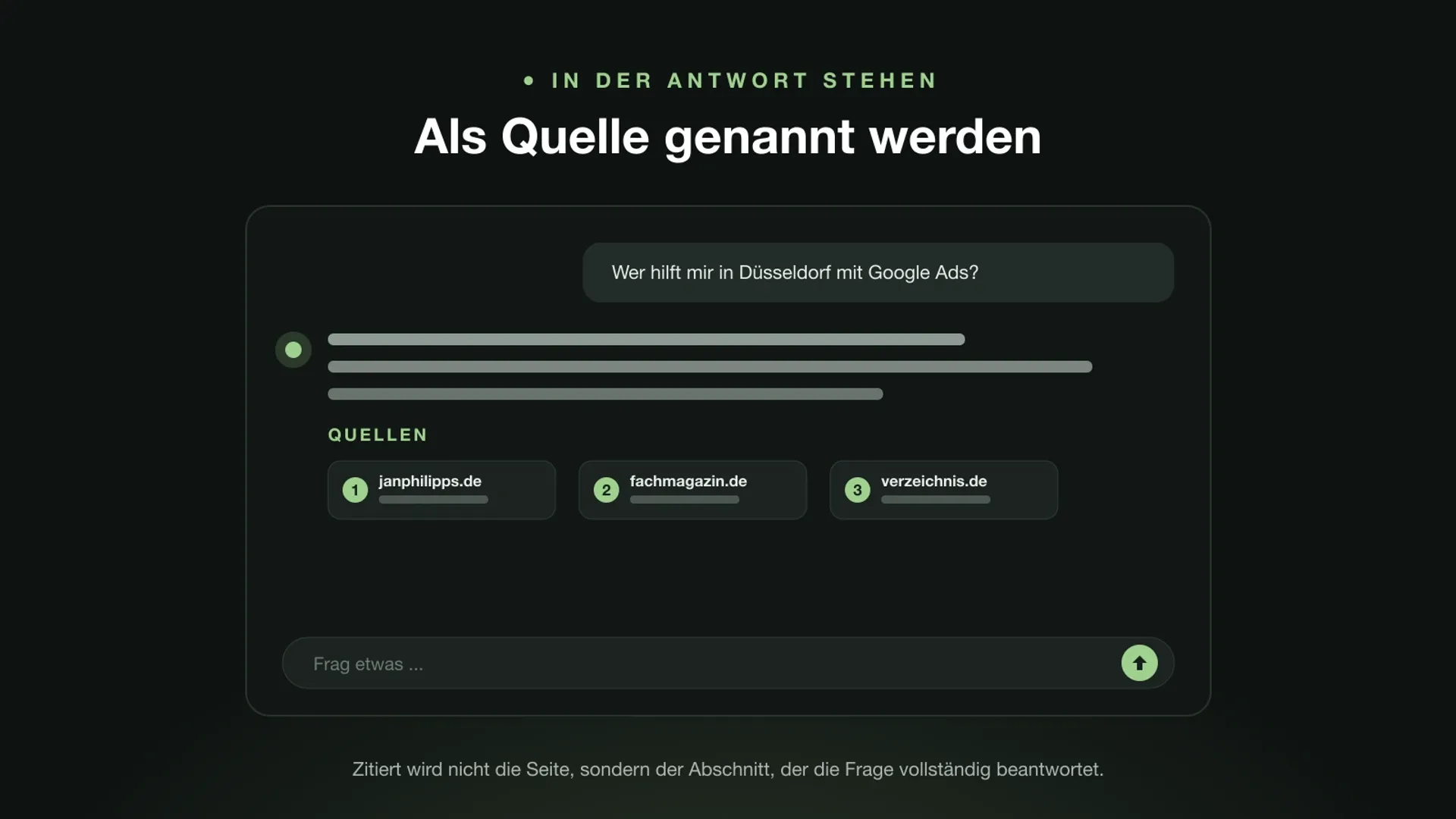 Chatfenster mit einer KI-Antwort und drei nummerierten Quellen darunter