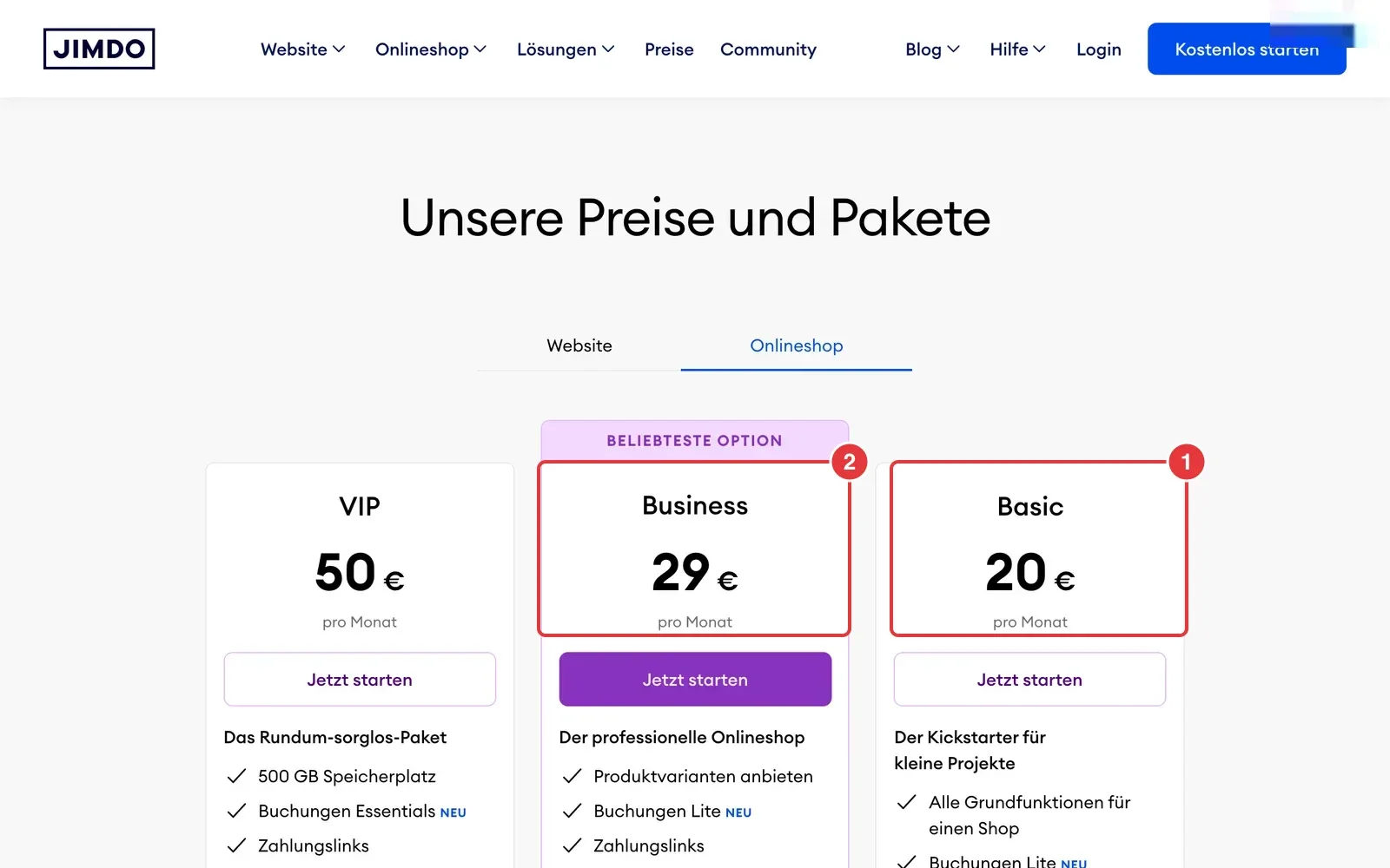 Preisseite von Jimdo für Onlineshops mit markierten Paketen Basic und Business