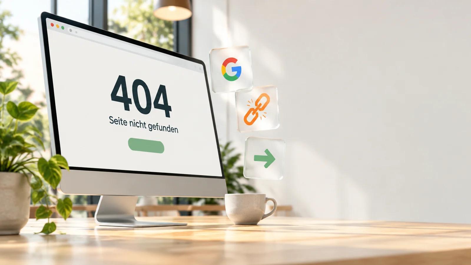 Monitor auf einer hellen Holztheke mit der Zahl 404 und dem Satz Seite nicht gefunden, daneben Glaskarten mit Google-Logo, gerissener Kette und grünem Pfeil