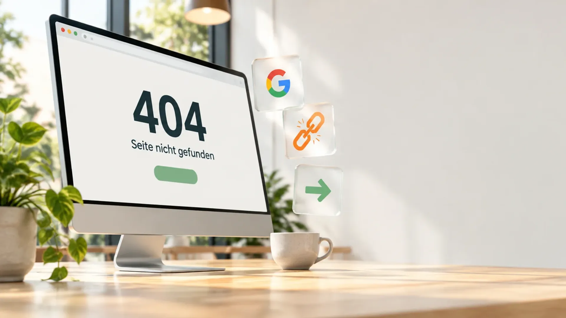 Monitor auf einer hellen Holztheke mit der Zahl 404 und dem Satz Seite nicht gefunden, daneben Glaskarten mit Google-Logo, gerissener Kette und grünem Pfeil