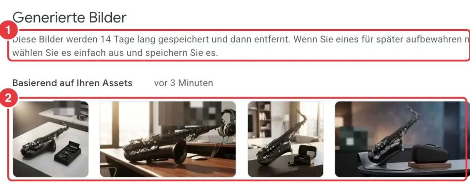 Bereich „Generierte Bilder“ in einem Google-Ads-Konto mit markiertem Hinweis zur Speicherdauer und mehreren KI-Produktbildern, Bildschirminhalte verpixelt