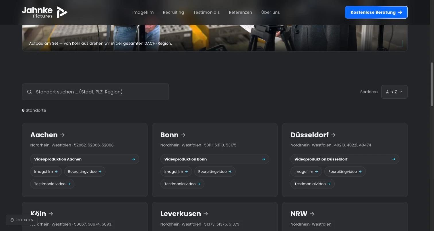 Jahnke Pictures Website: Standort-Übersicht mit Aachen, Bonn, Düsseldorf, Köln, Leverkusen und NRW