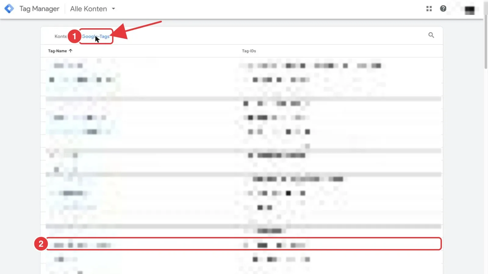 Google Tag Manager Startseite: der Reiter Google-Tags und eine Zeile in der Liste der Google-Tags sind rot markiert, Namen und IDs verpixelt