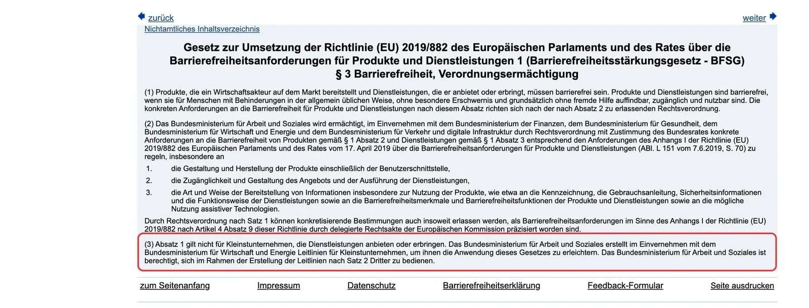 Paragraf 3 des Barrierefreiheitsstärkungsgesetzes mit markiertem Absatz 3 zur Ausnahme für Kleinstunternehmen