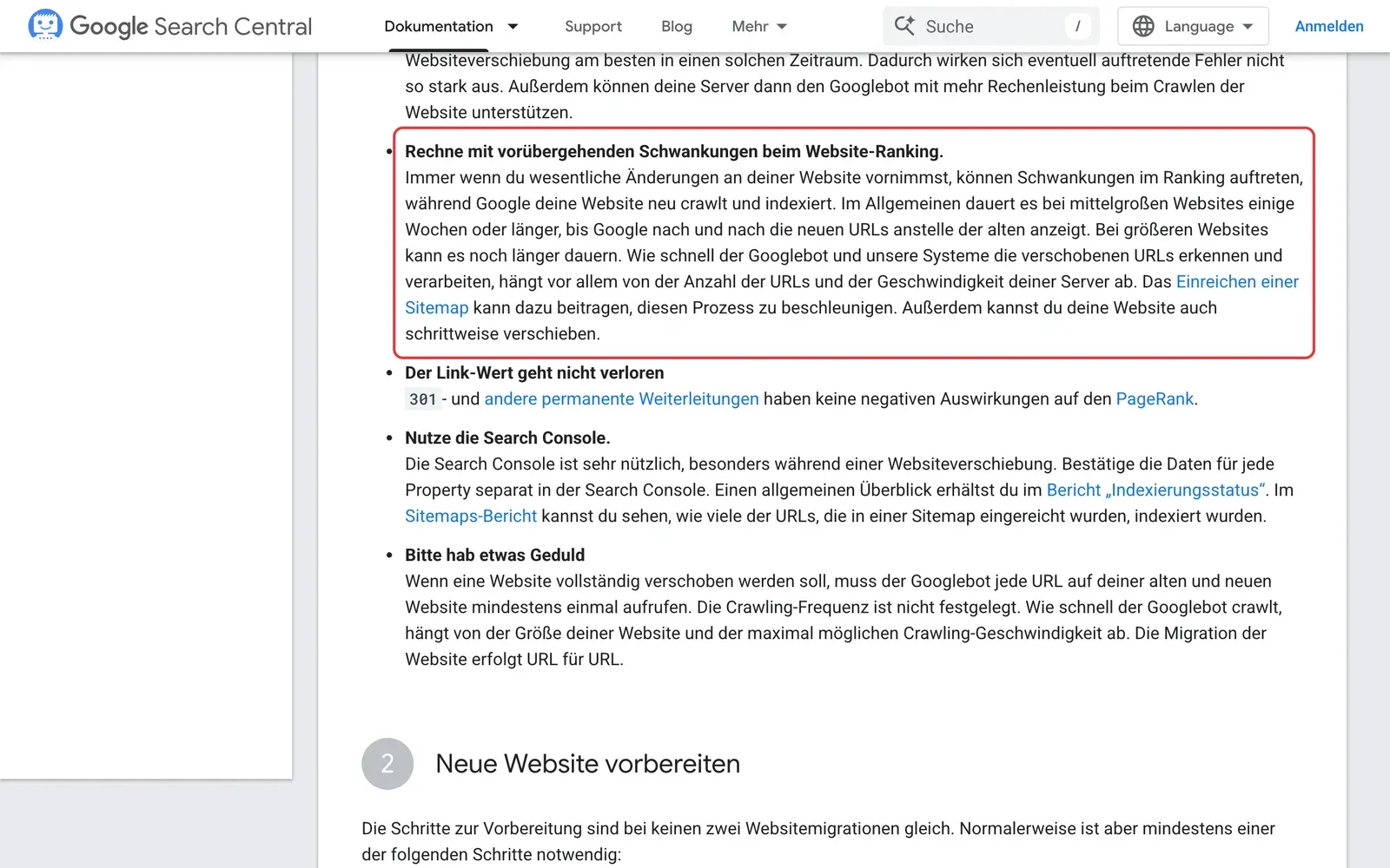 Google Search Central: Hinweis auf vorübergehende Schwankungen beim Ranking während einer Websiteverschiebung