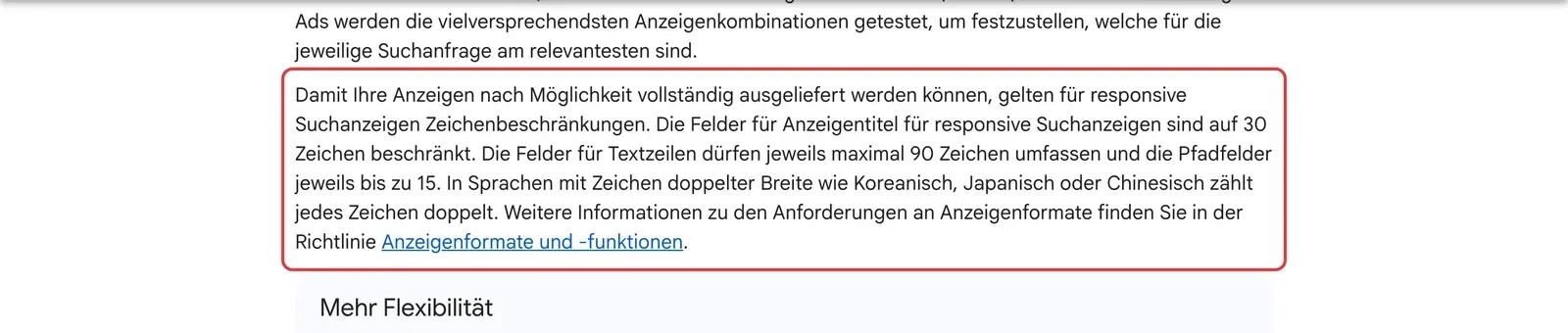 Google-Ads-Hilfe mit markiertem Absatz zu den Zeichengrenzen responsiver Suchanzeigen