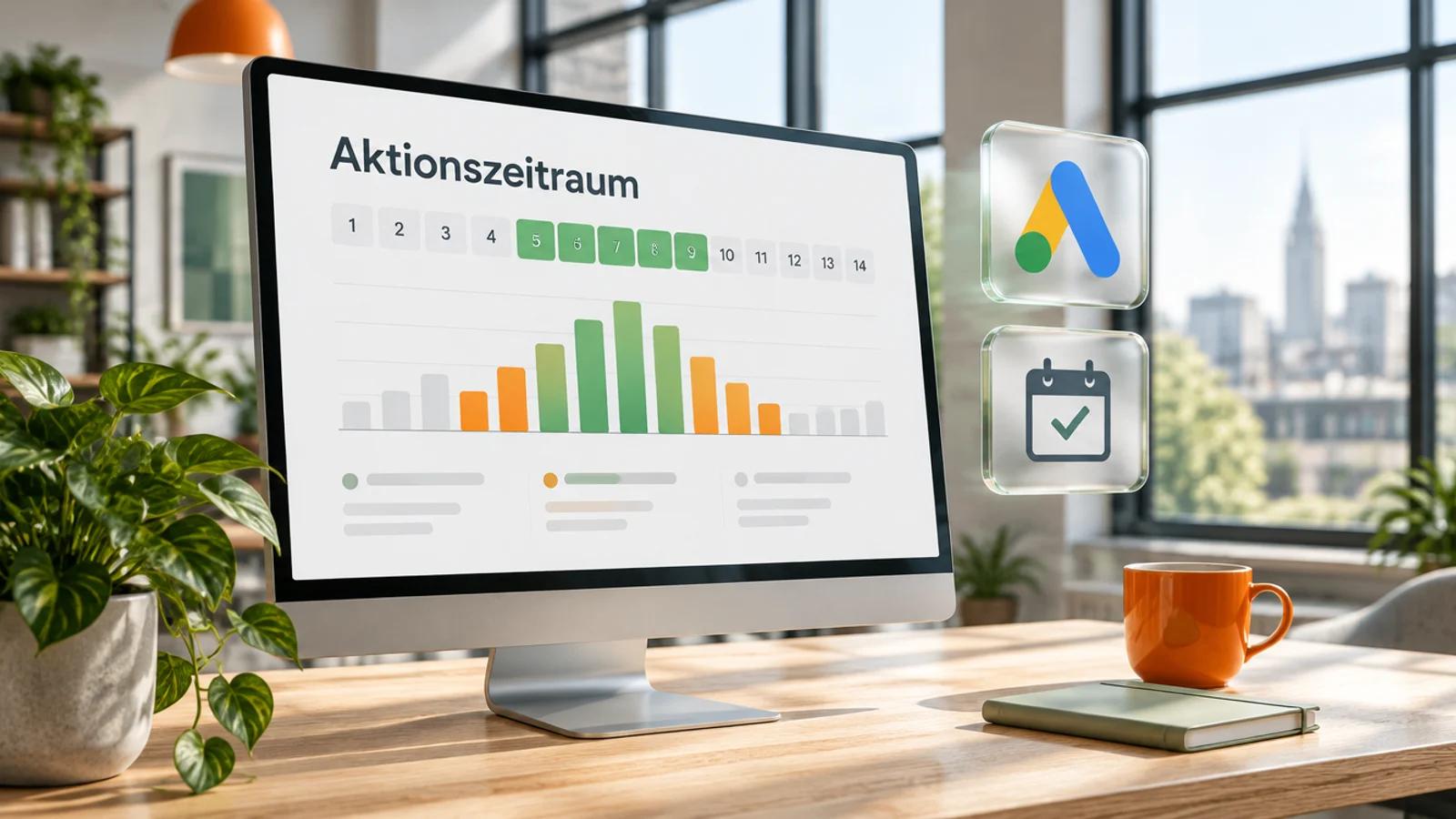 Monitor in einem hellen Büro zeigt einen Kalender mit grün markiertem Aktionszeitraum und steigenden Balken, daneben schwebende Glaskarten mit Google-Ads-Logo und Kalendersymbol