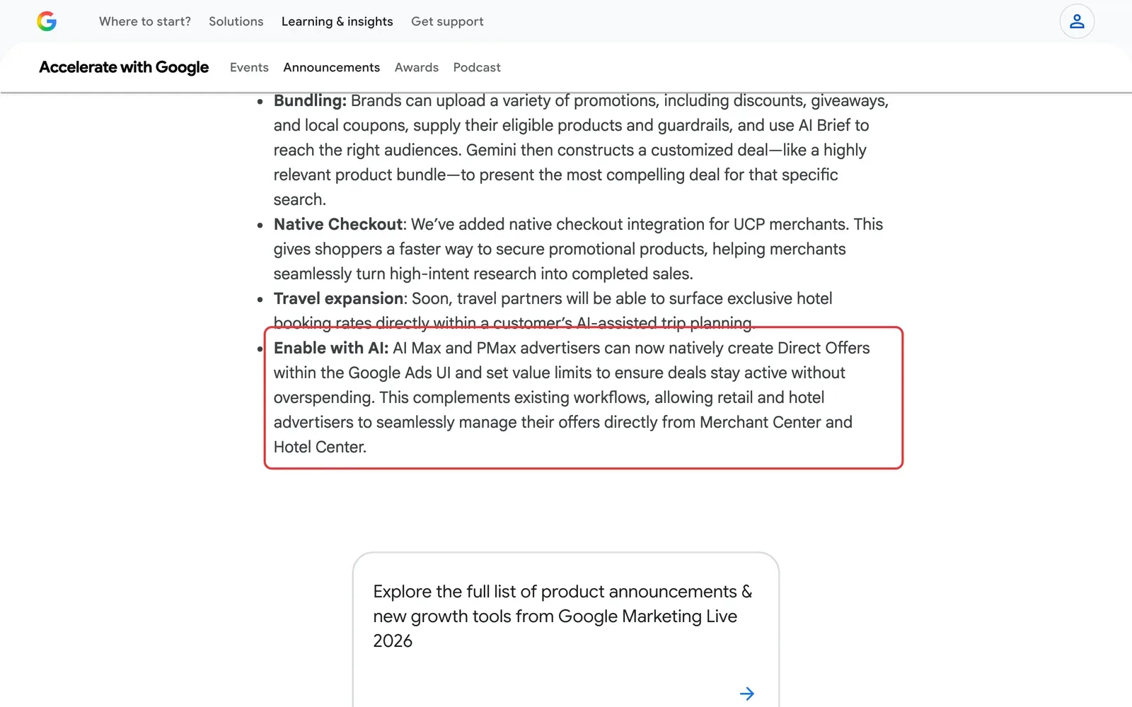 Google-Seite zu Direct Offers mit dem Abschnitt, dass Werbetreibende mit AI Max und Performance Max Angebote in Google Ads anlegen können