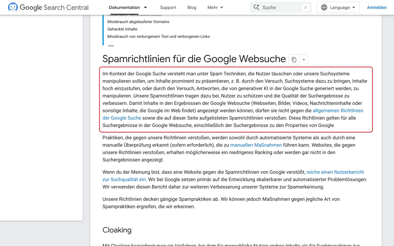 Google Search Central, Spamrichtlinien für die Google Websuche: die Definition von Spam inklusive Manipulation von Antworten generativer KI ist rot umrahmt