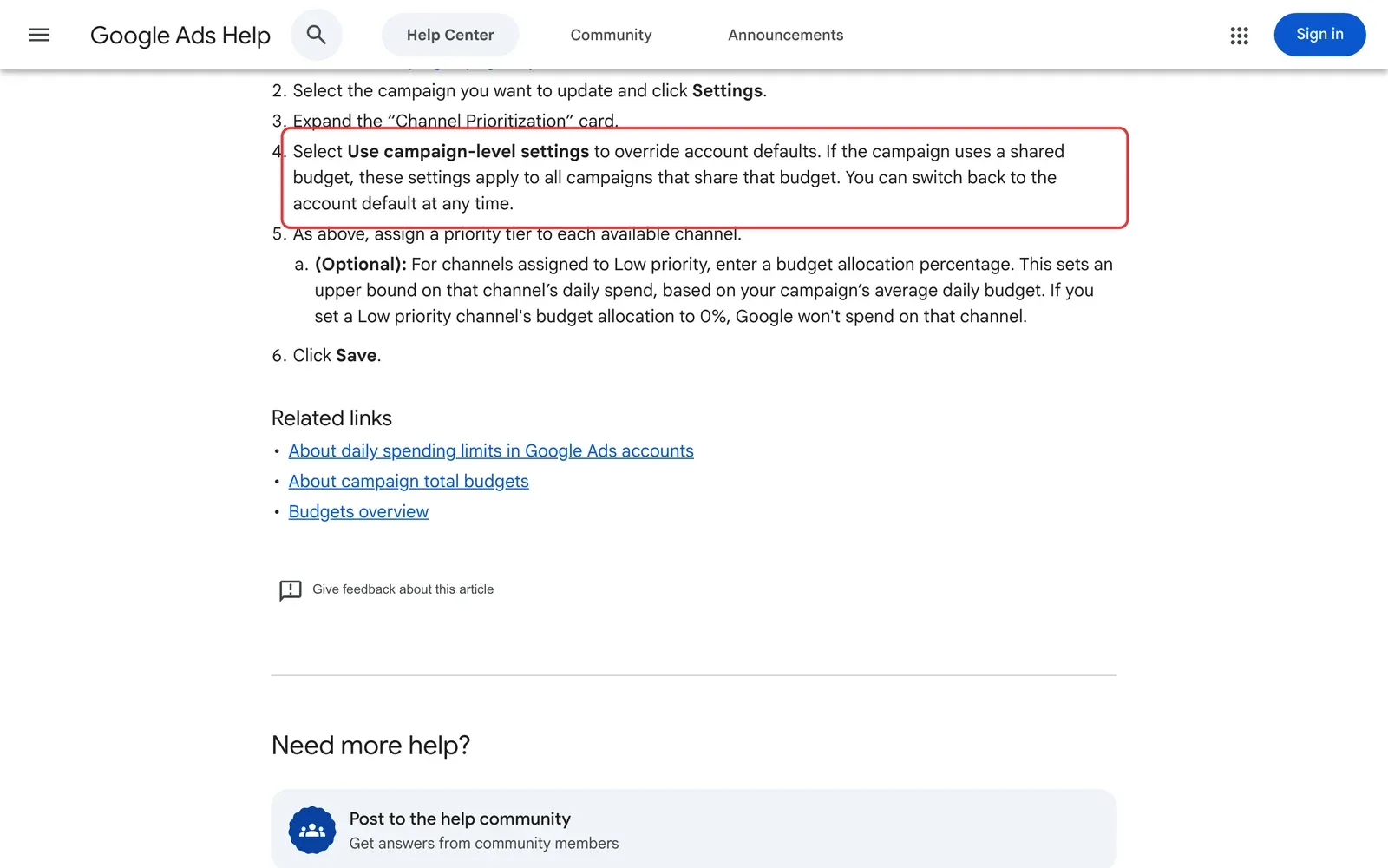 Google Ads-Hilfe: Schritt zur Auswahl kampagneneigener Einstellungen für die Kanalpriorisierung rot umrahmt