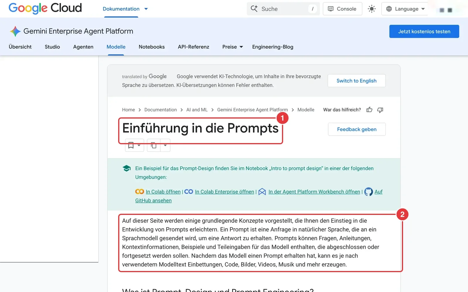 Google-Cloud-Dokumentation Einführung in die Prompts mit markierter Überschrift und Erklärung, was ein Prompt enthalten kann