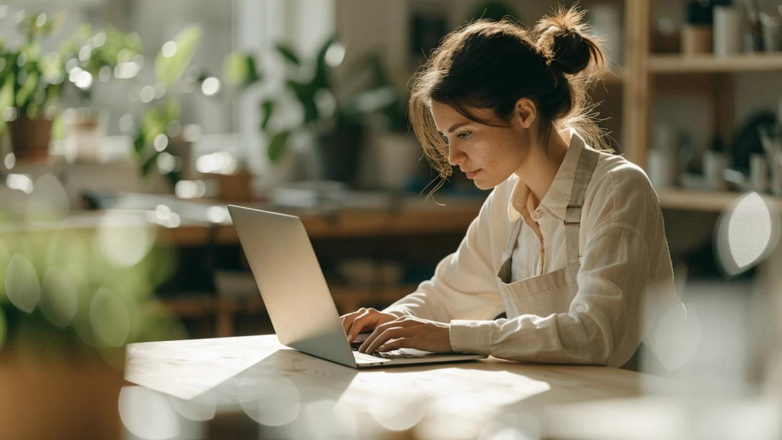 Inhaberin mit Schürze sitzt konzentriert am Laptop in ihrer hellen Werkstatt