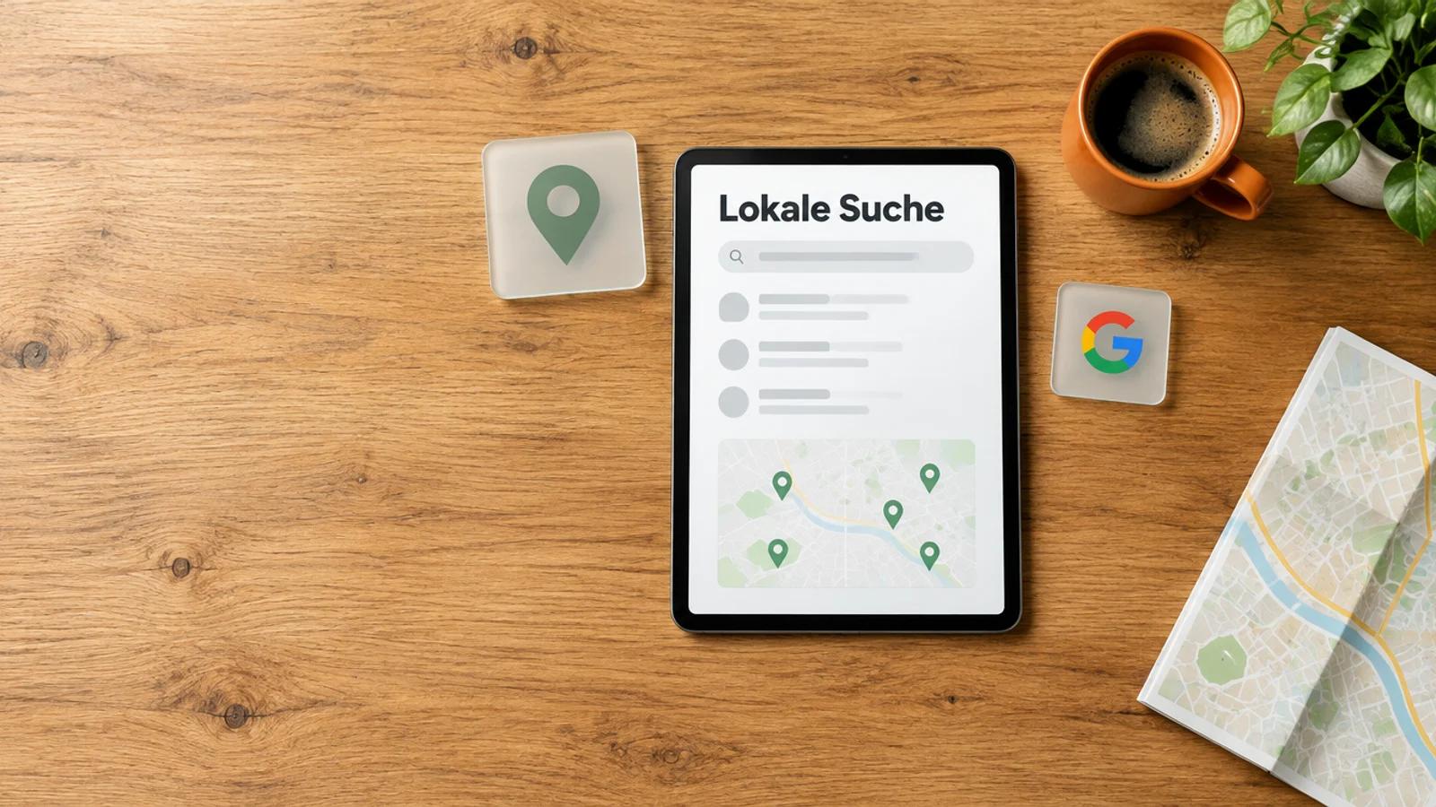 Tablet mit dem Wort Lokale Suche auf einer Holz-Werkbank, daneben Glaskarten mit Kartennadel